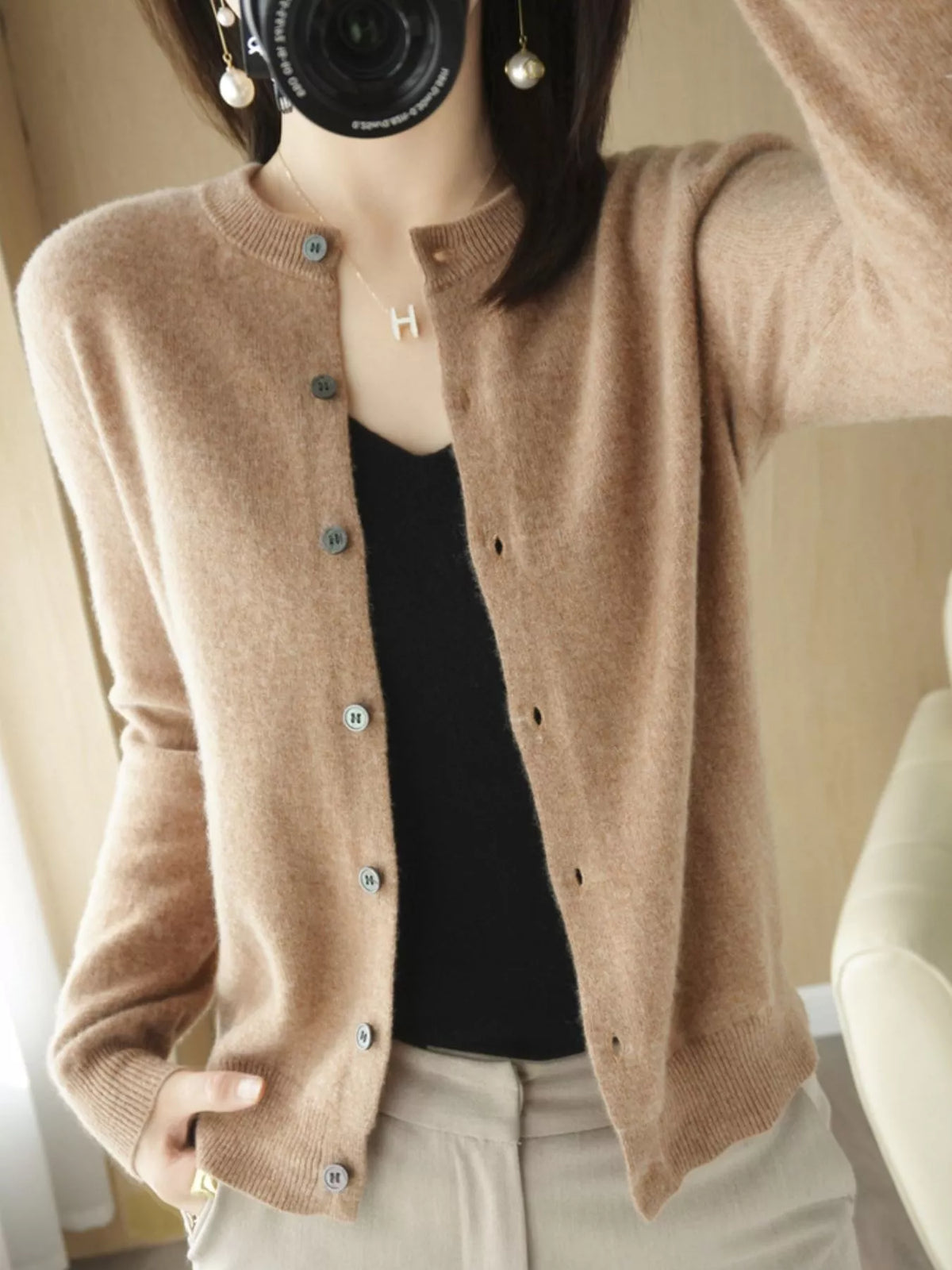 Camel crew neck button-front cardigan
