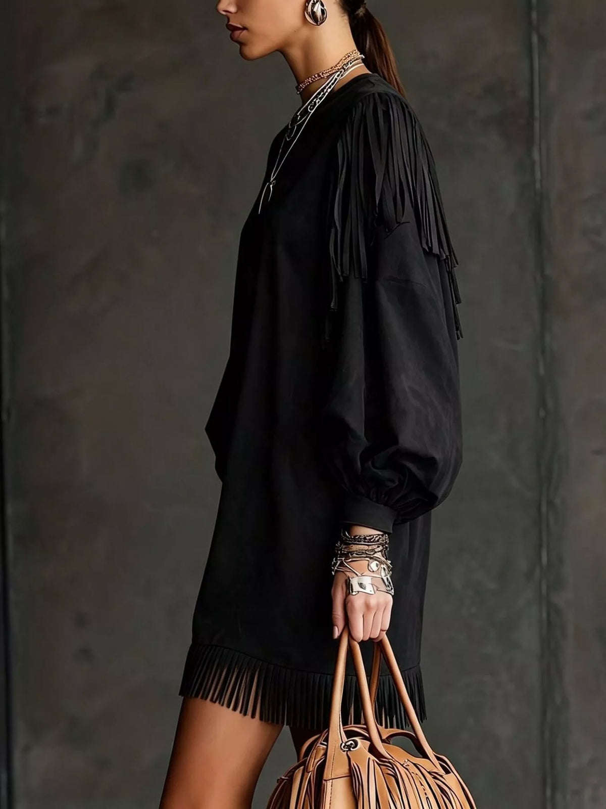 Round neck long sleeve mini dress, side view