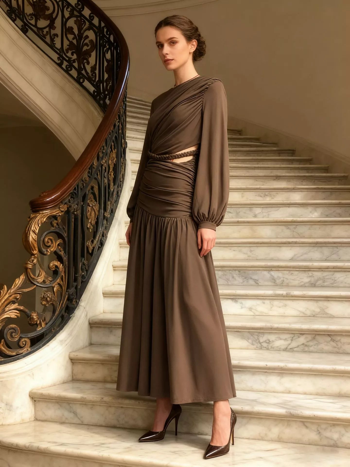 Trendsi Ruched Long-Sleeve Maxi Dress with Cutout Detail -