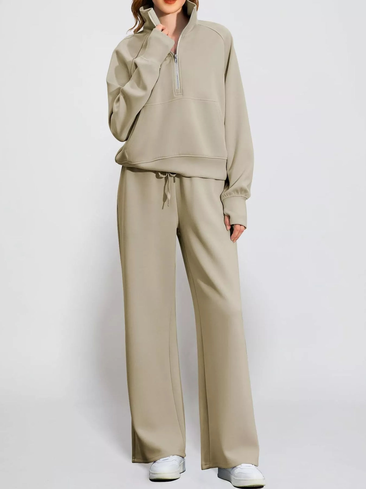 Half-zip top and pants set, beige relaxed front