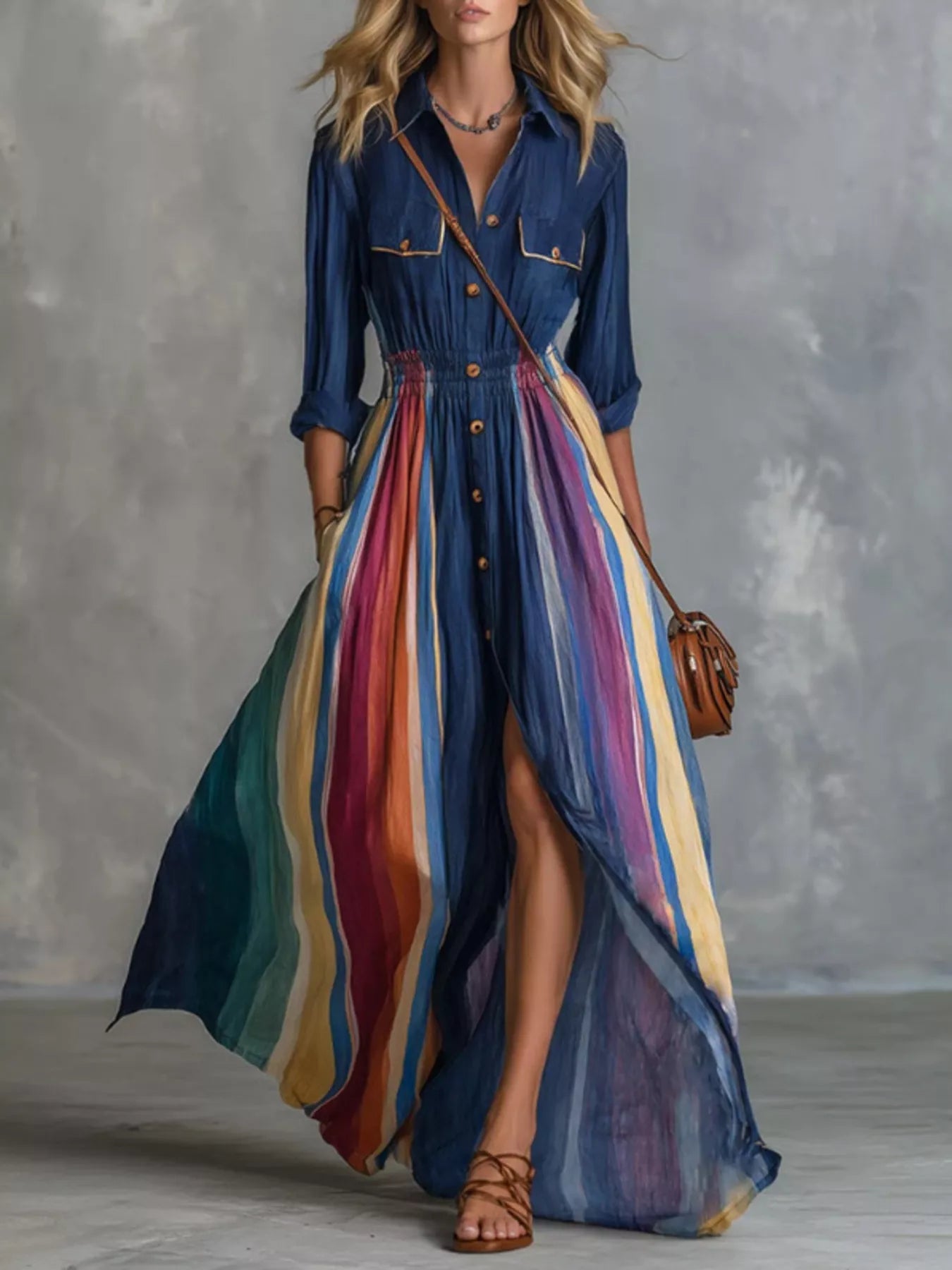 Trendsi Multi-Color Striped Maxi Shirt Dress -