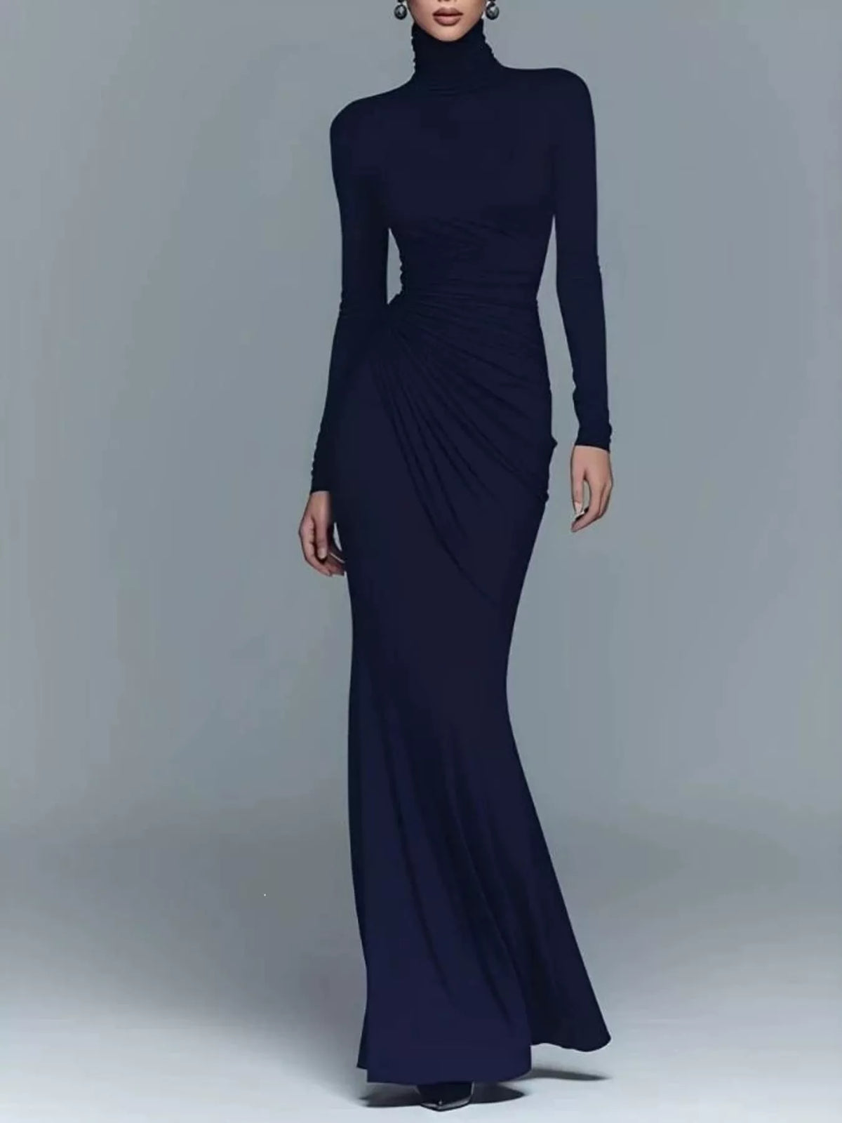 Navy turtleneck ruched maxi dress