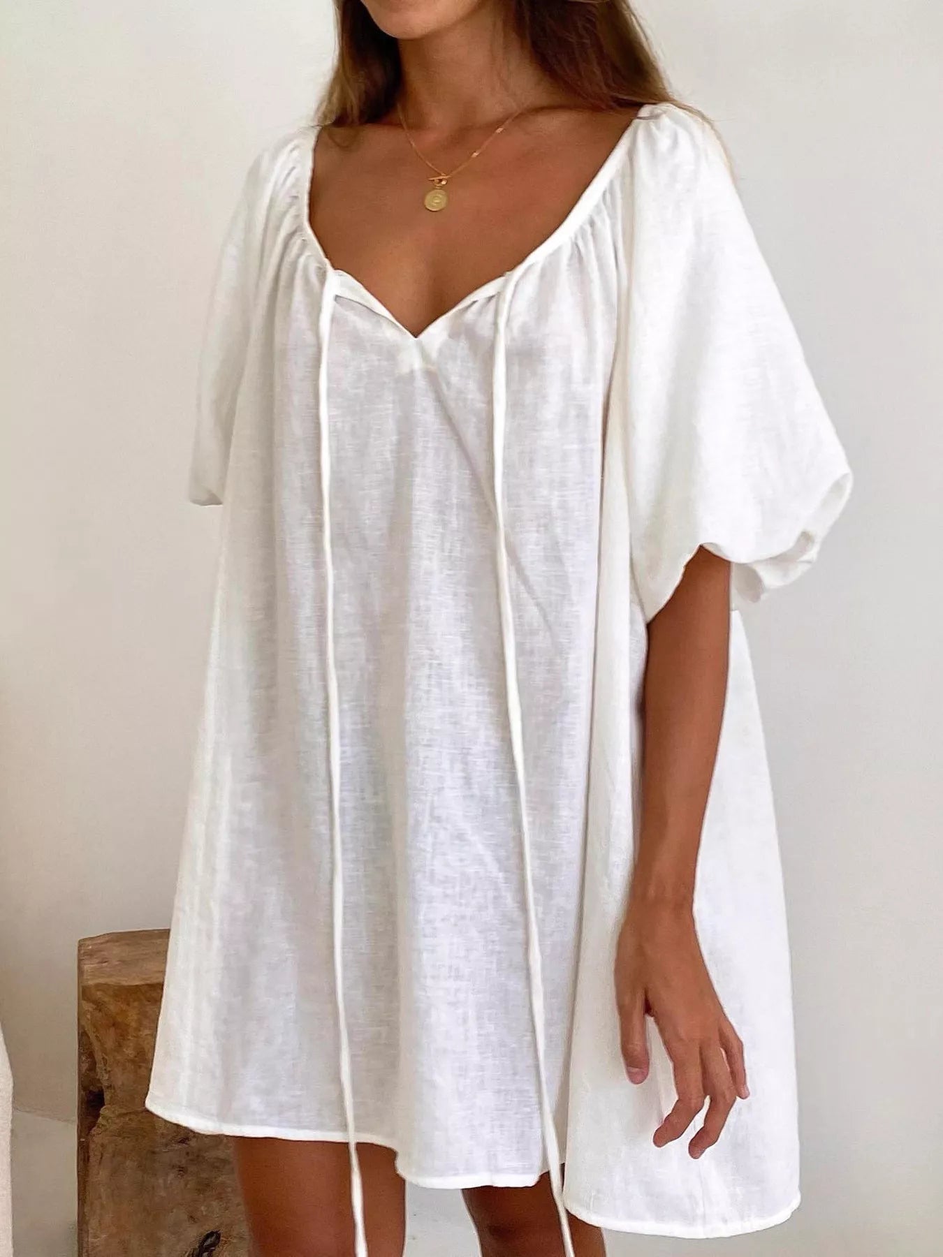 Trendsi Tie Neck Puff Sleeve Lounge Dress -