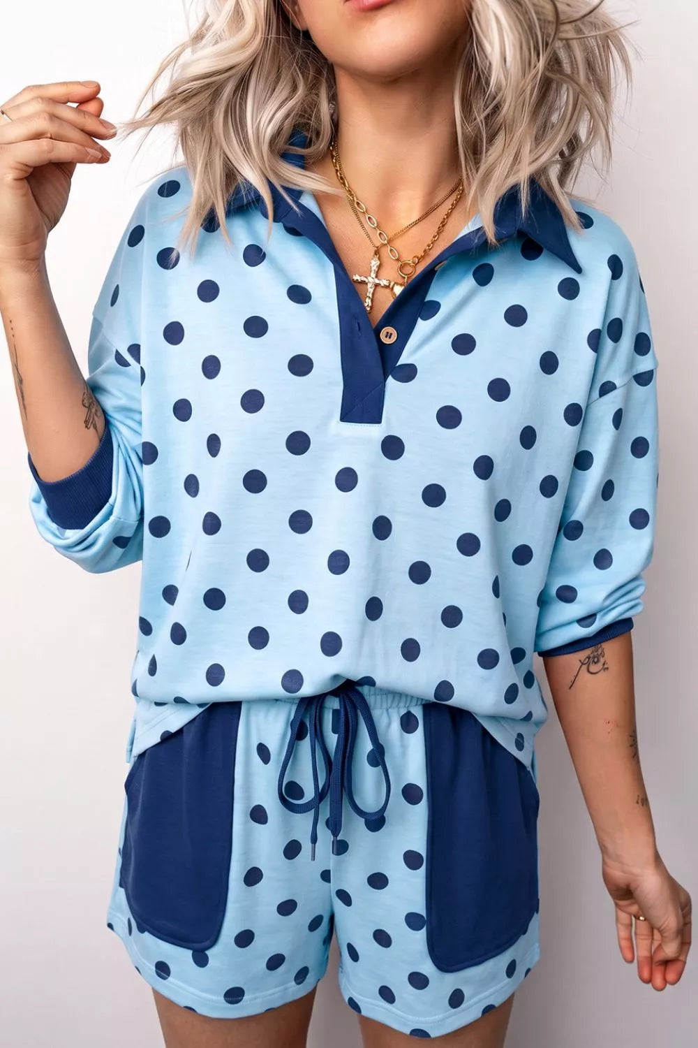 Polka-dot drop-shoulder polo and shorts set
