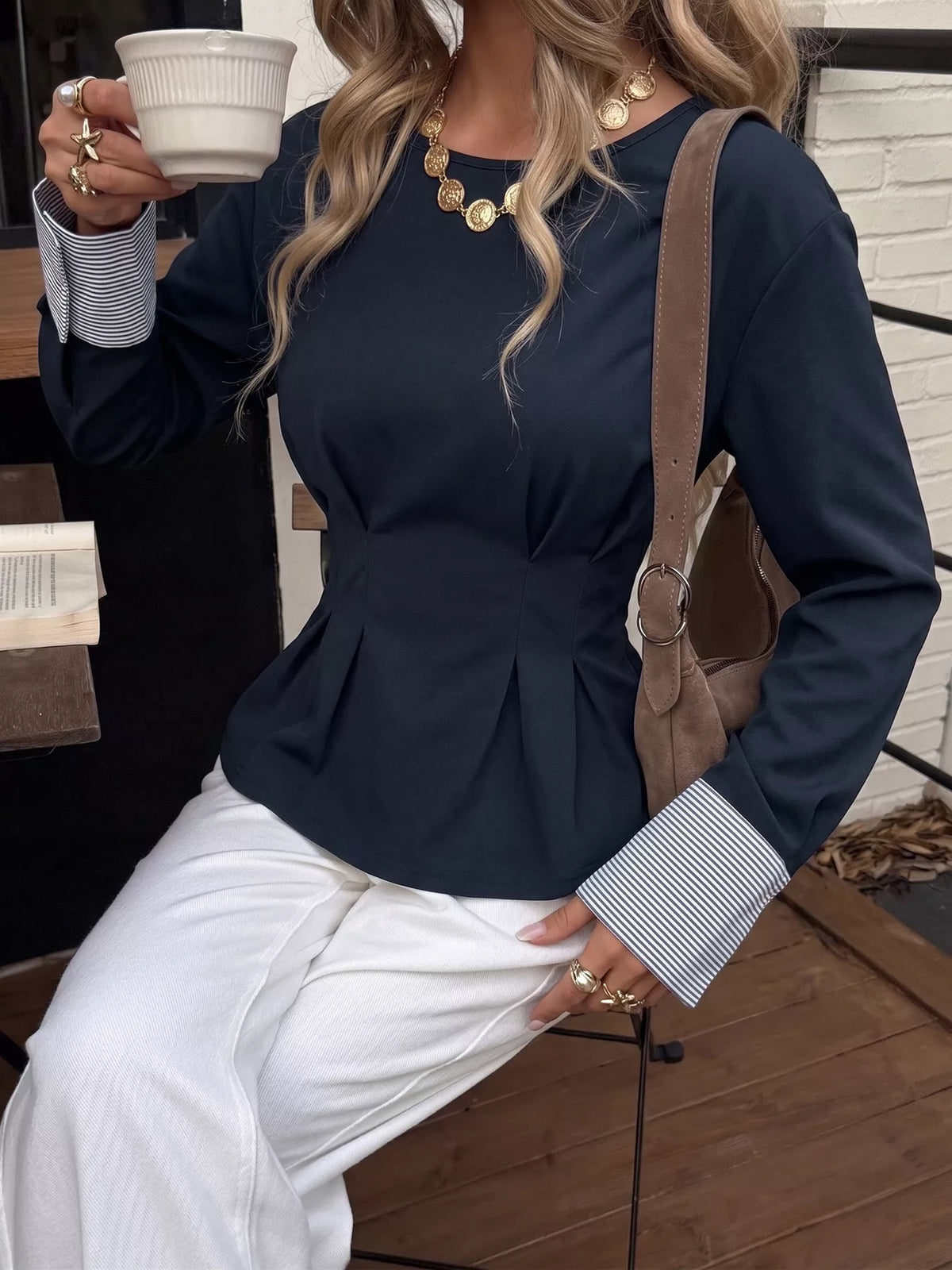 Trendsi Round Neck Peplum Top with Striped Cuffs -