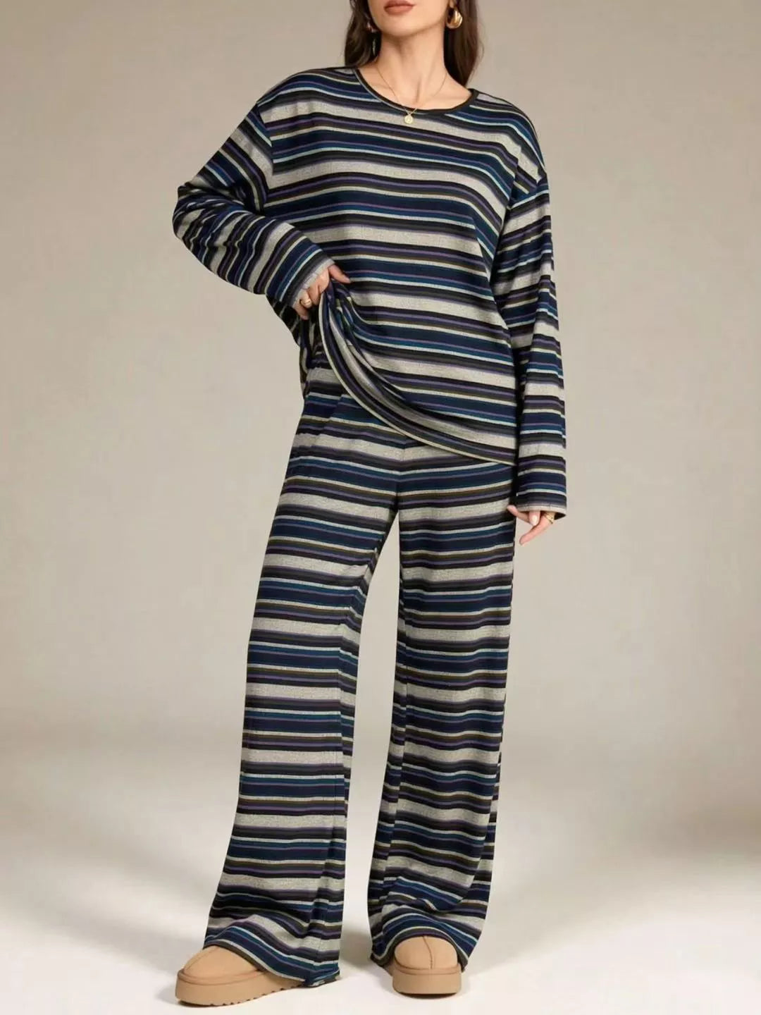 Trendsi Striped Long-Sleeve Top and Wide-Leg Pants Set -