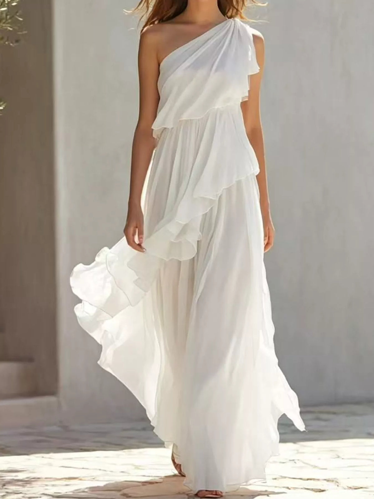 Women's One-Shoulder Ruffled Chiffon Maxi Dress in white — front view