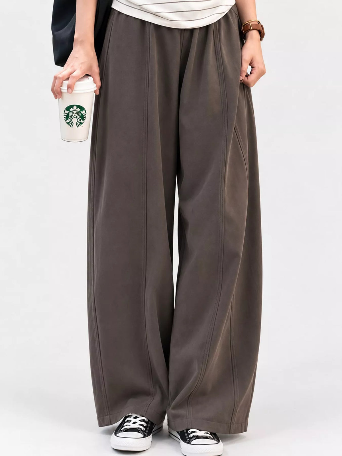 Brown wide leg casual pants, front view
