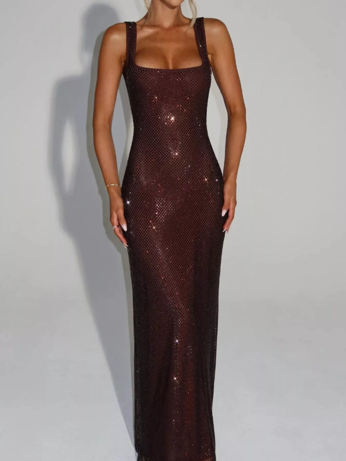 Square neck sleeveless maxi dress, front view on model
