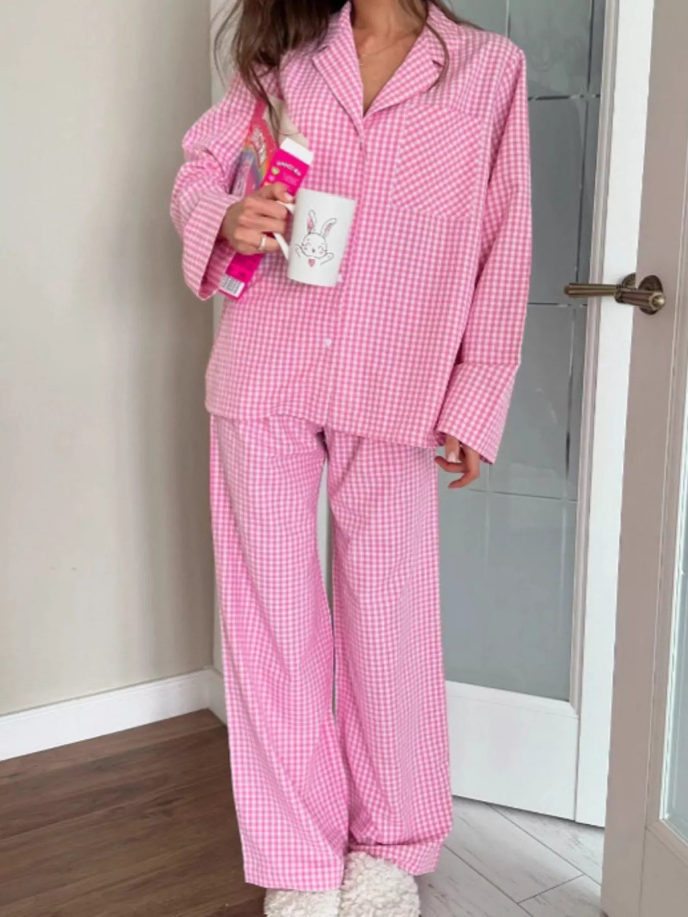 Trendsi Gingham Button-Down Top and Pants Loungewear Set -