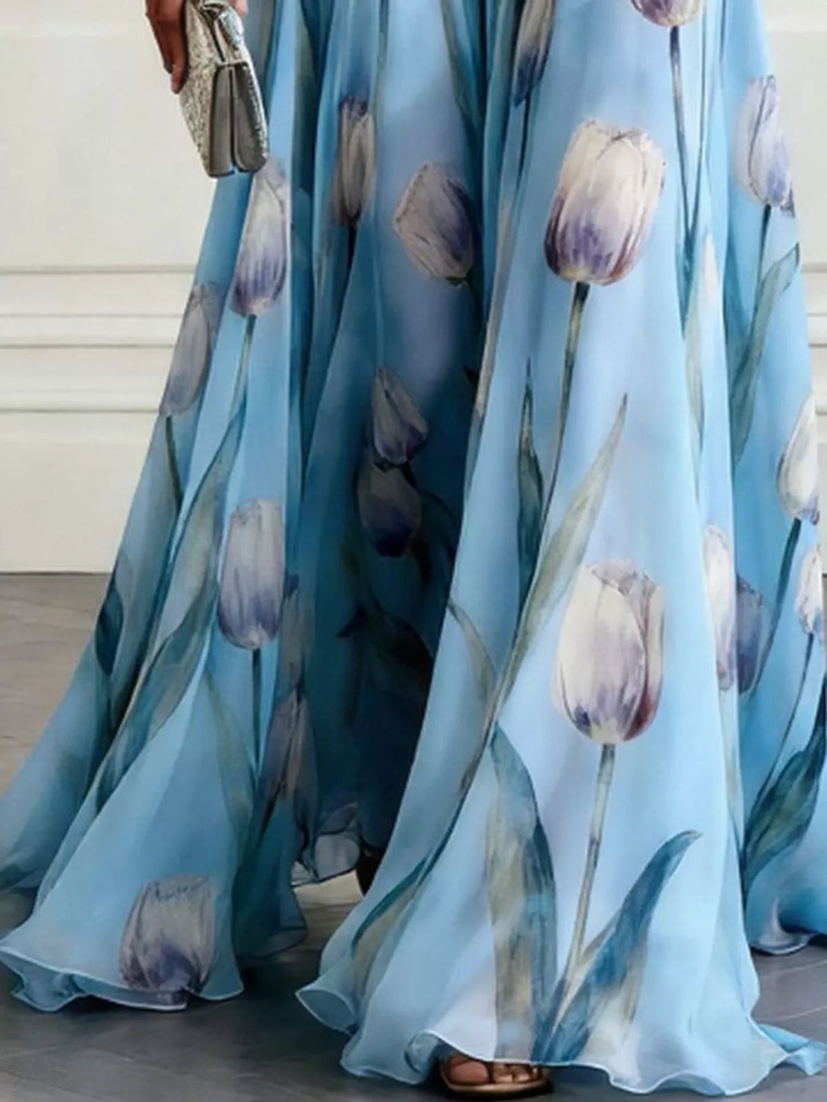 Women's Sleeveless Floral Print Maxi Dress in blue floral — print detail view