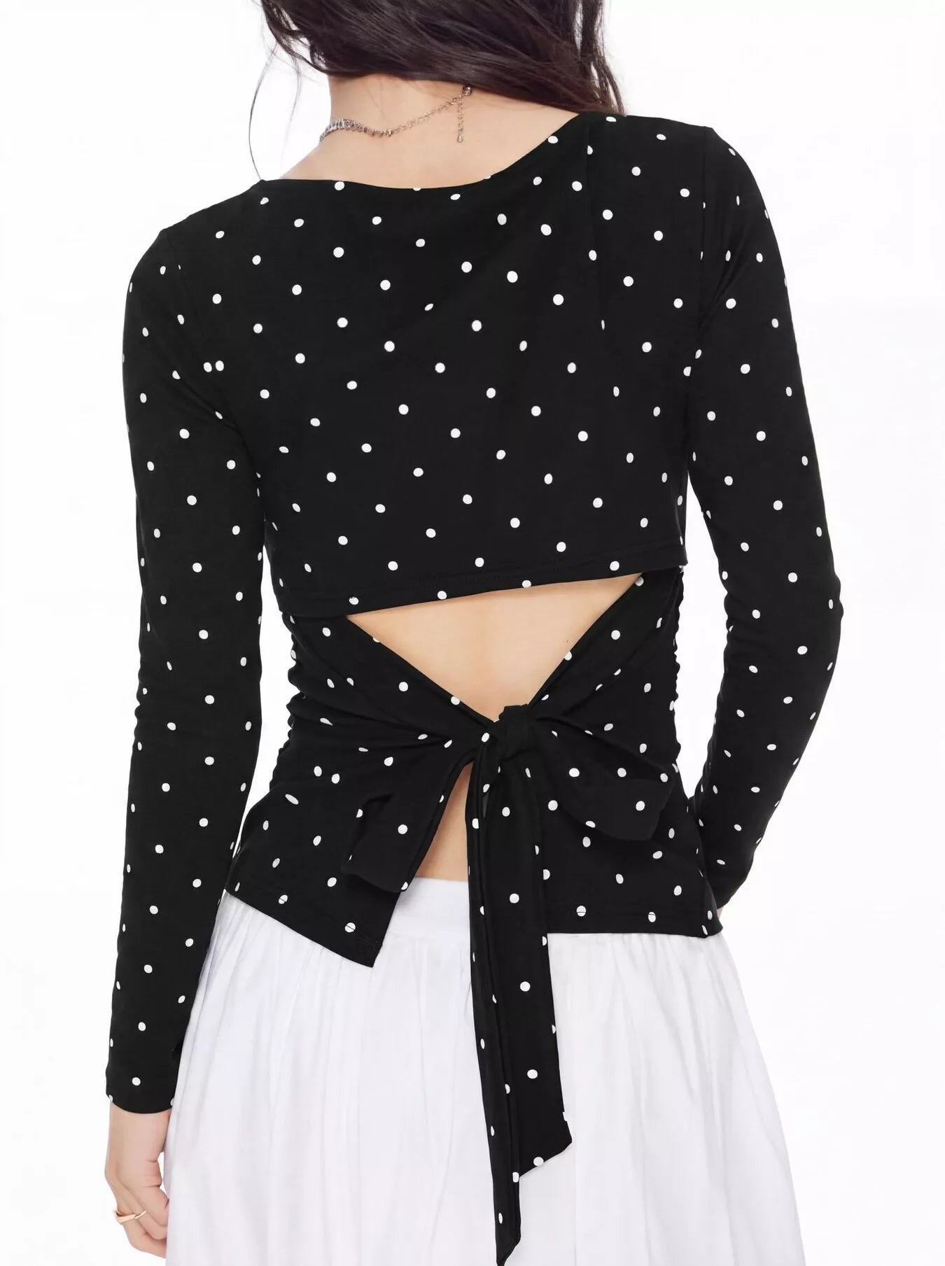 Trendsi Long Sleeve Polka Dot Tie Back T-Shirt -