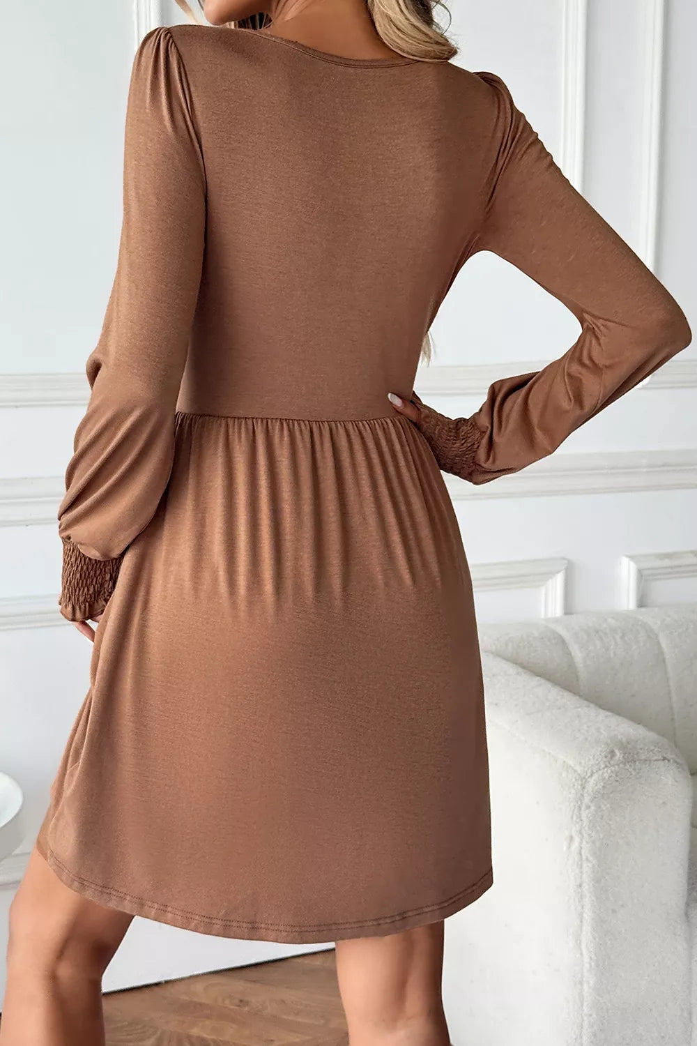 Trendsi Shirred Cuff Long Sleeve Button Round Neck Mini Dress -