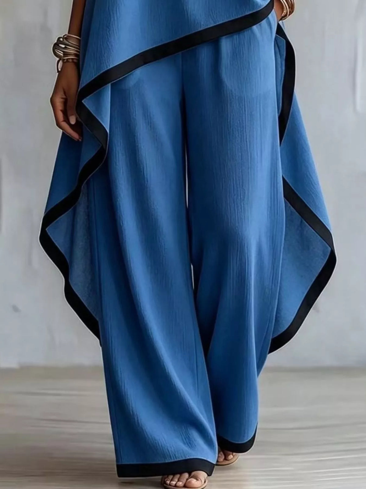 Blue contrast-trim top and pants set, wide-leg pants detail