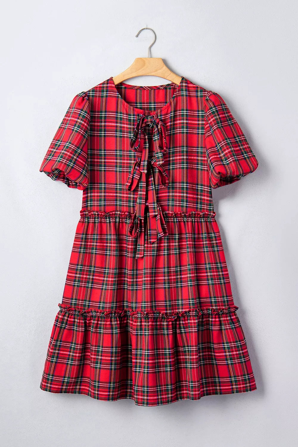 Trendsi Plaid Knot Neck Short Sleeve Mini Shift Dress -