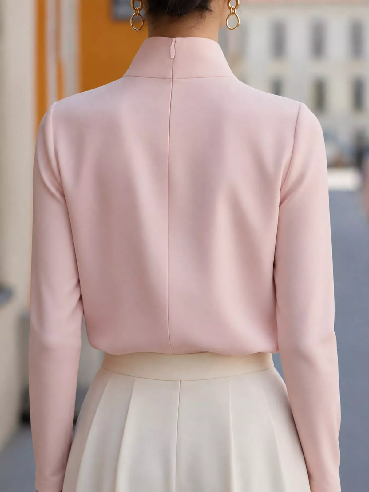 Mandarin neck long sleeve blouse, back view