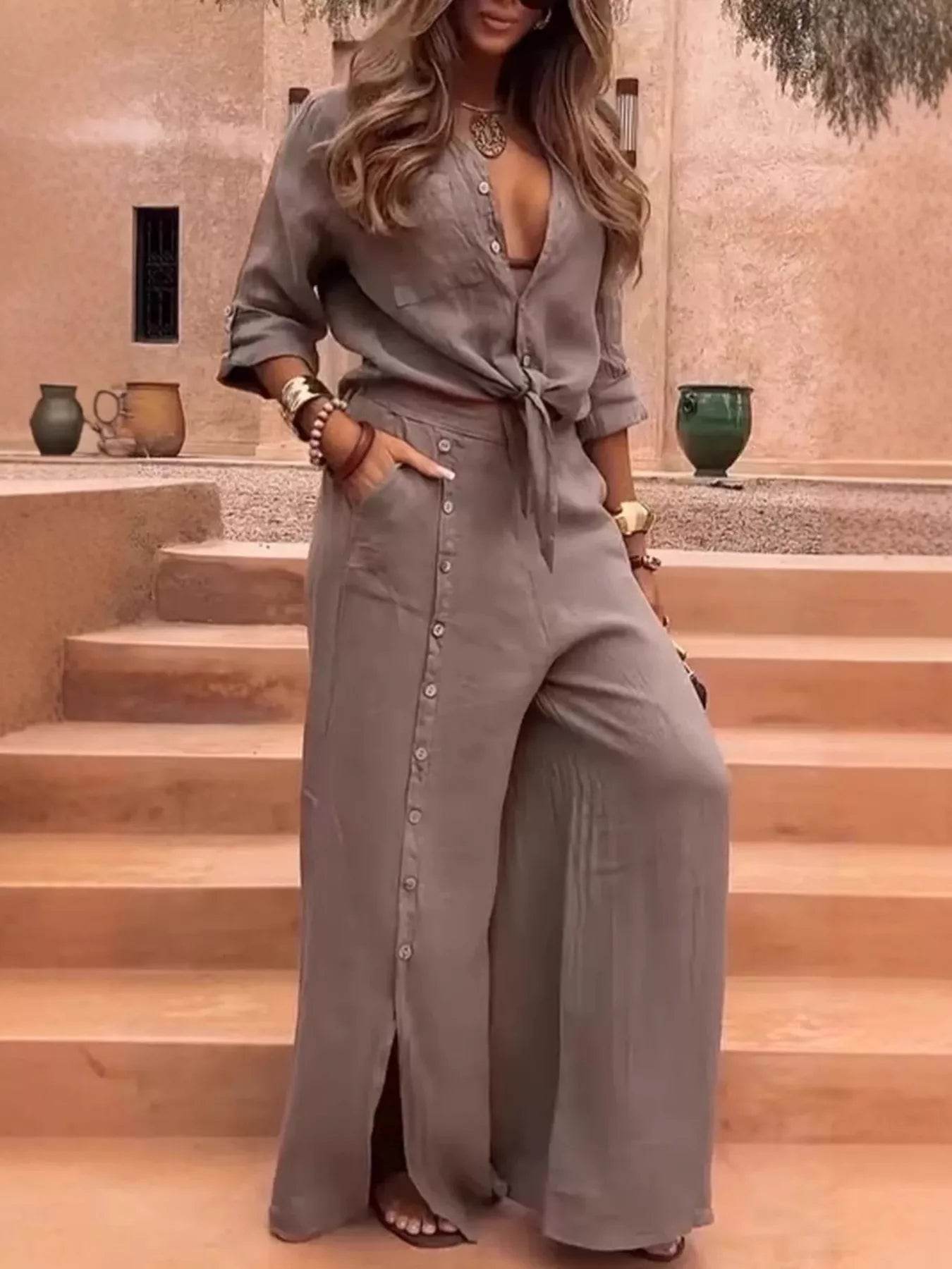 Trendsi Full Size Tie-Front Shirt and Button-Down Wide-Leg Pants Set Plus Size -