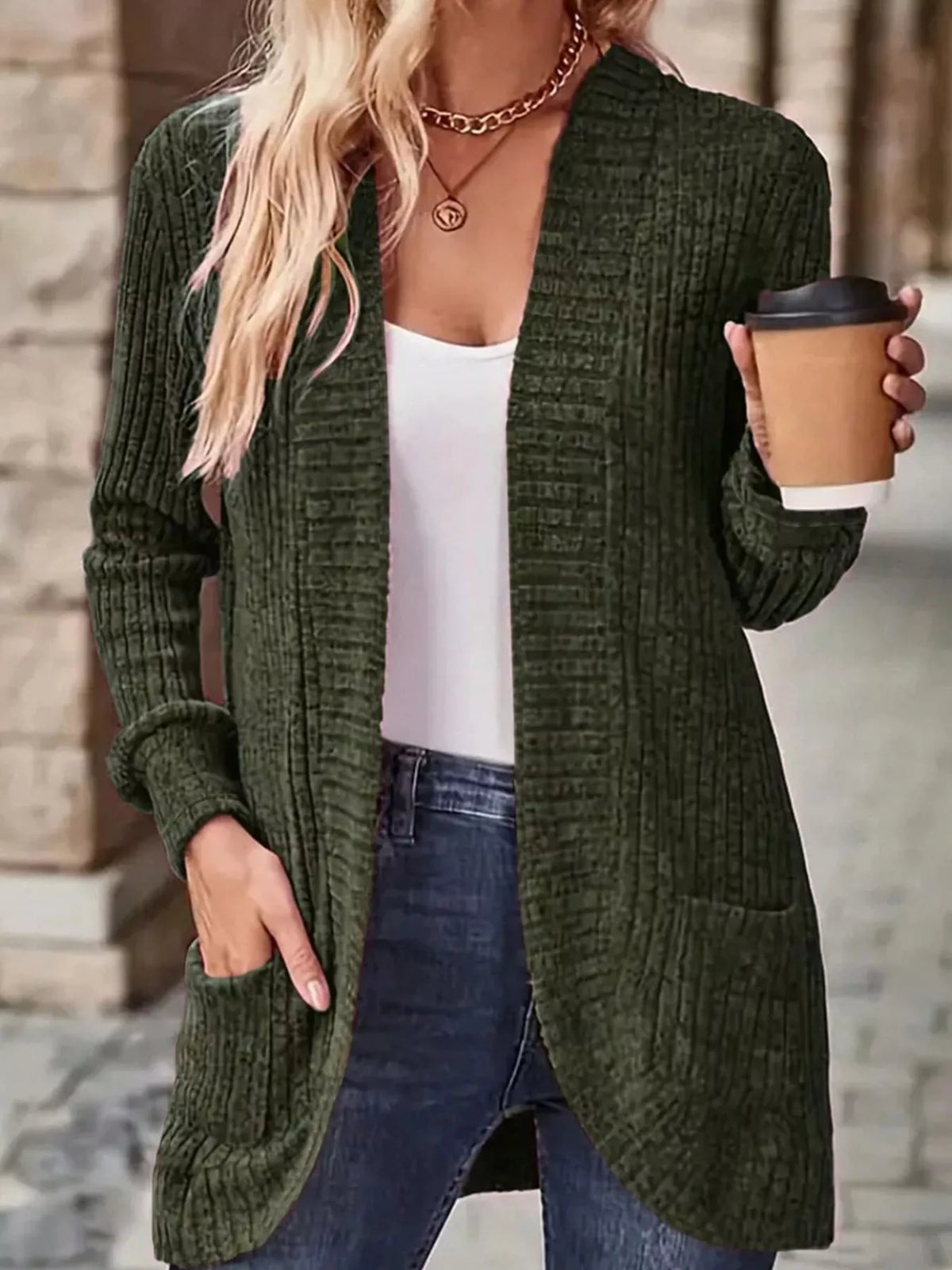 Ribbed Knit Open Front Cardigan with Pockets — front view