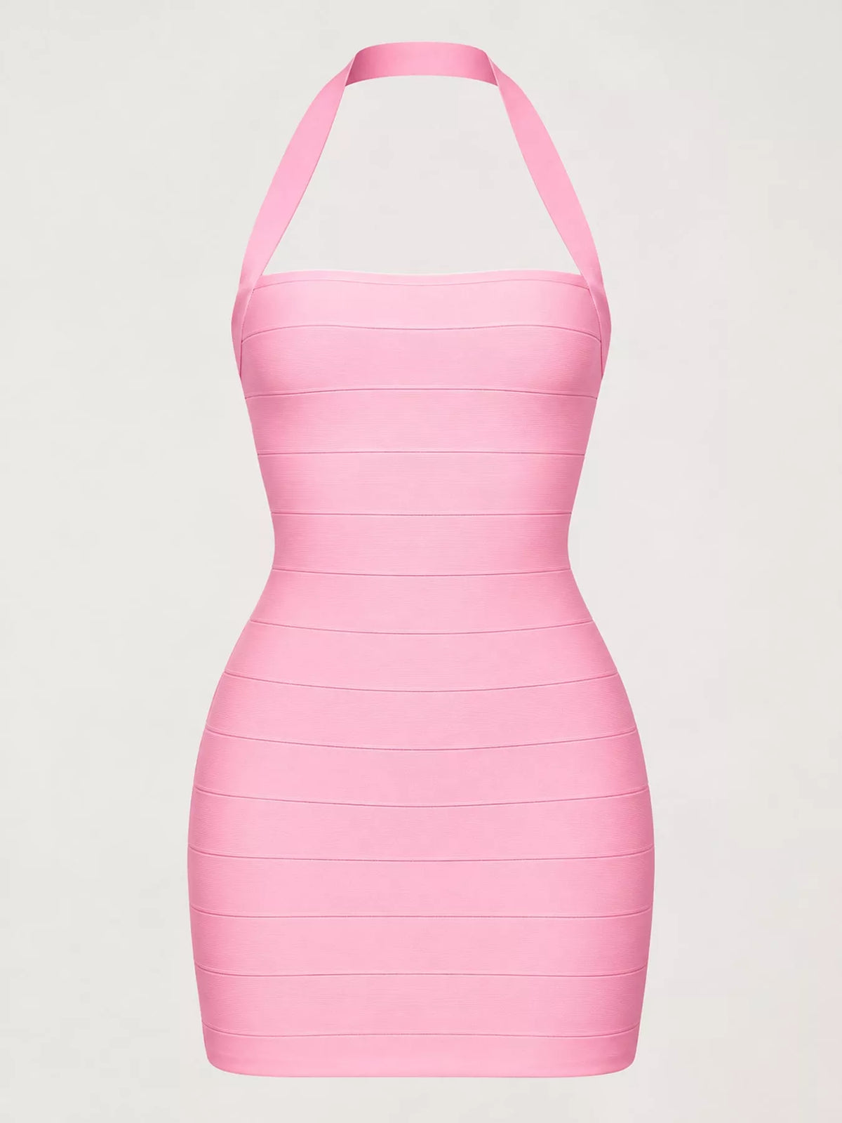 Pink halter neck bodycon dress, front view