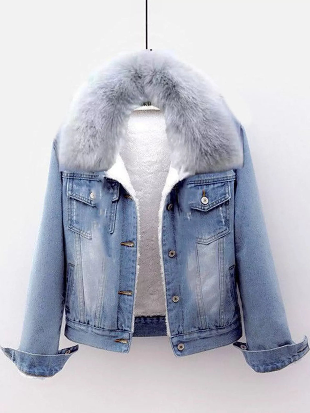 Light Blue distressed denim jacket with sherpa fleece lining