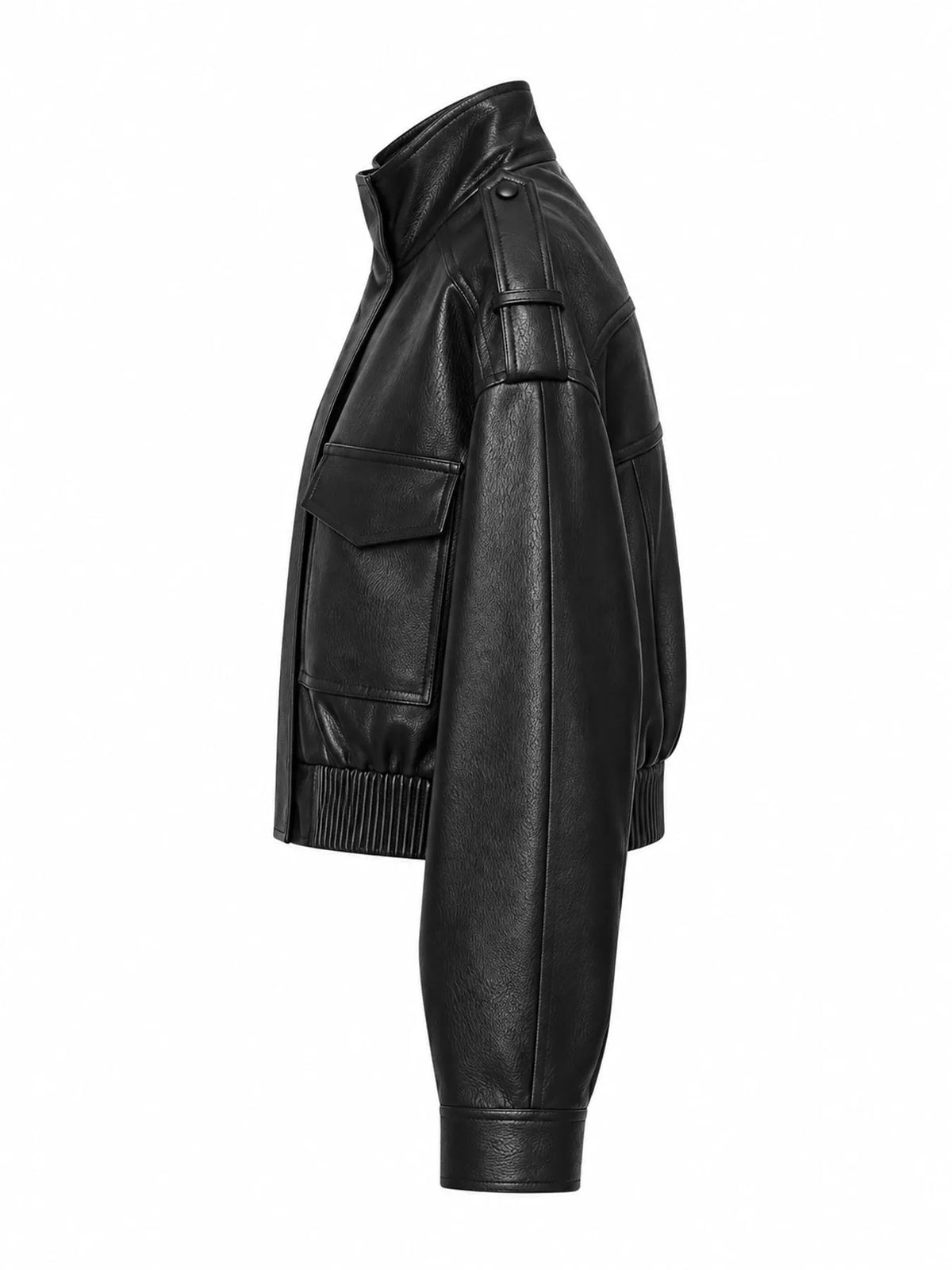 Black faux leather cropped bomber jacket — side view