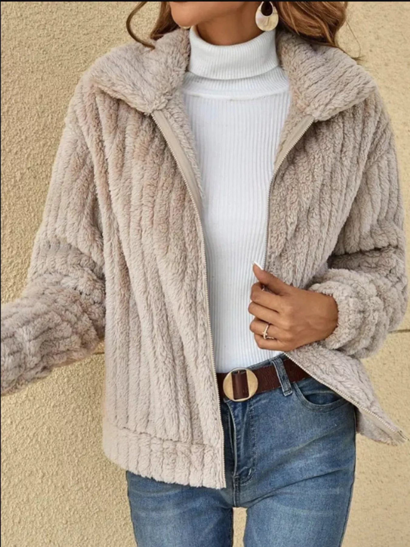 Trendsi Full Size Faux Fur Zip-Up Outerwear Plus Size -