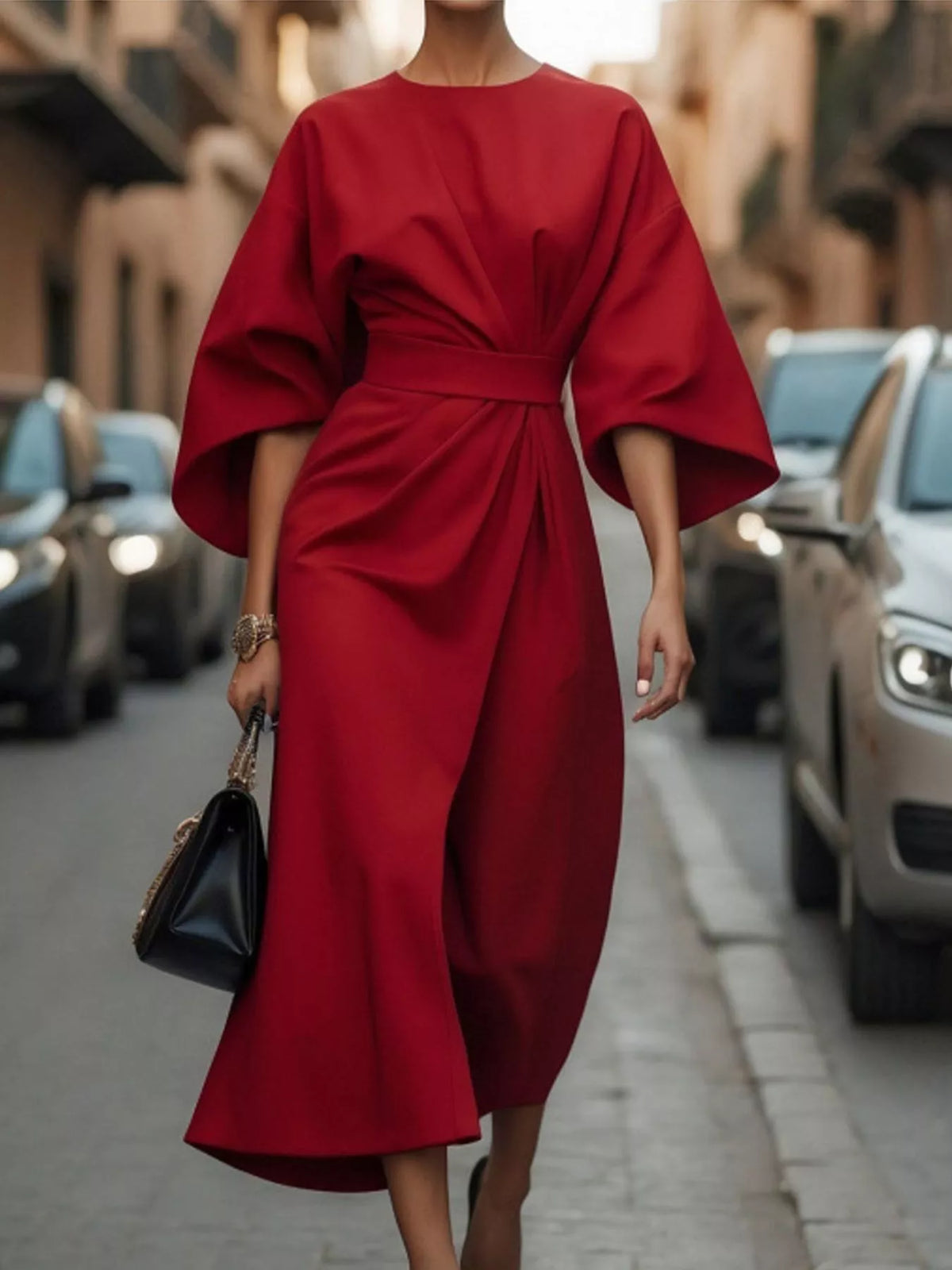 Red round neck kimono sleeve midi dress