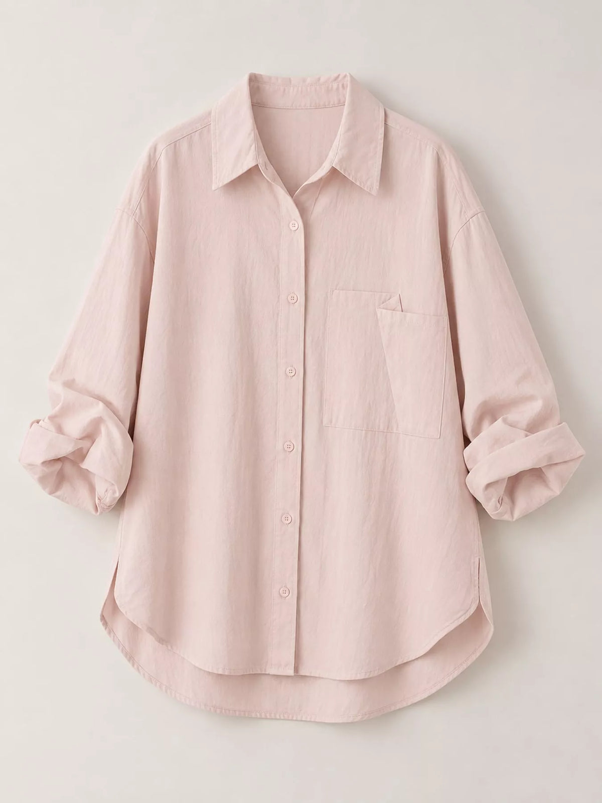 Pink button down long sleeve shirt, front view