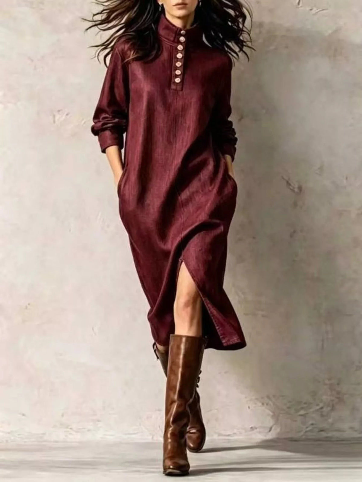 Mandarin neck long sleeve midi dress, front view on model