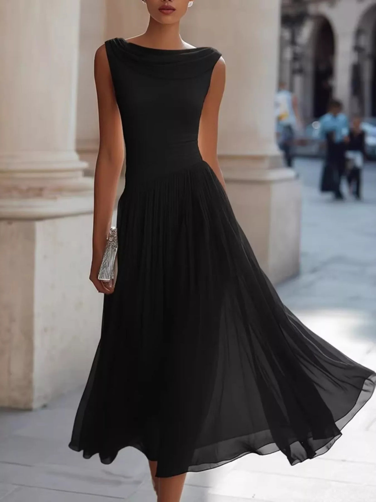 Black sleeveless boat neck midi dress — front view