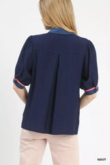 Trendsi Umgee Embroidered Puff Sleeve Contrast Trim Top -