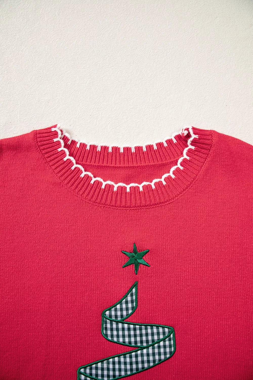 Christmas Tree Contrast Stitch Sweater in scarlet, construction detail