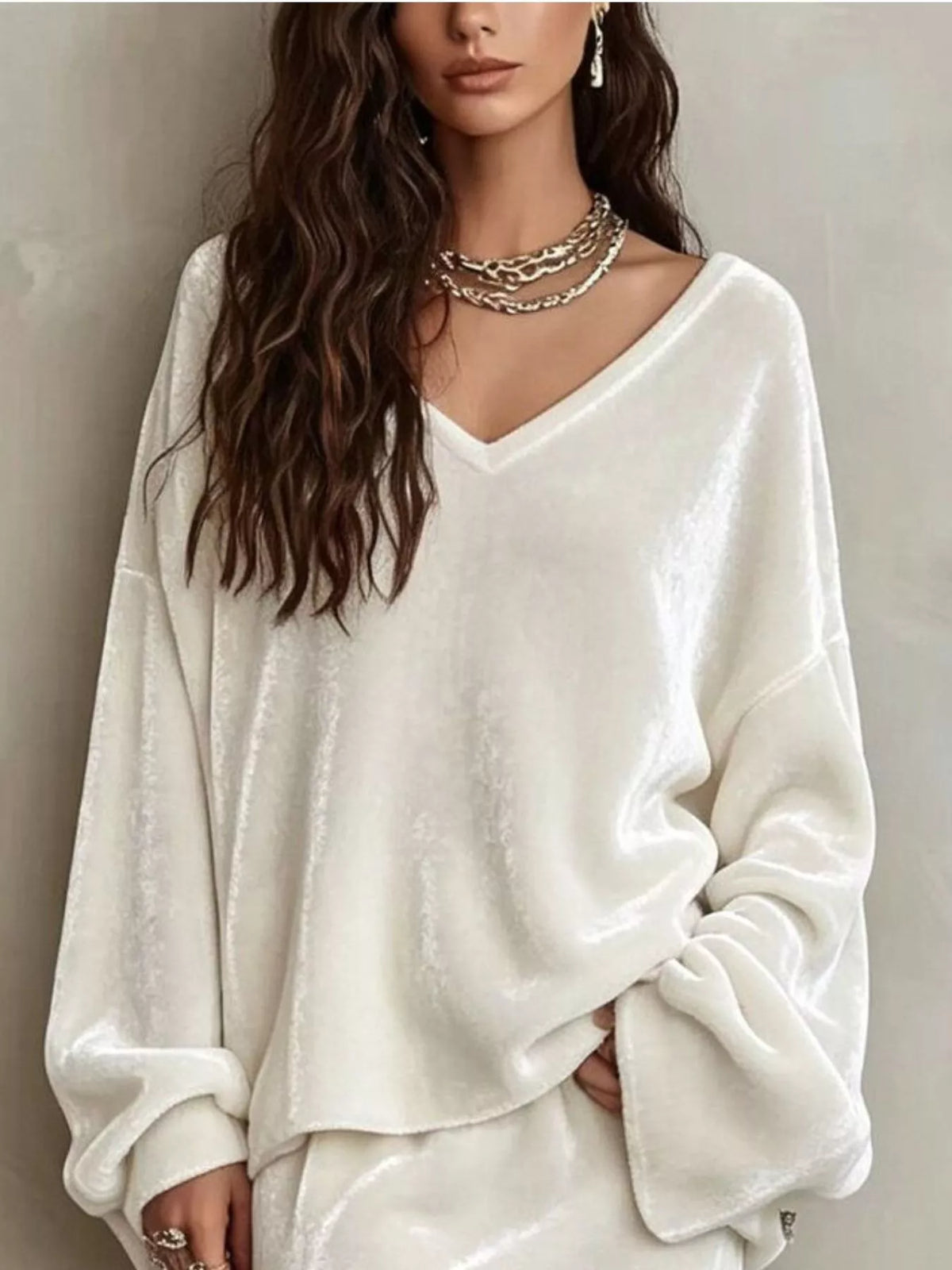 V-Neck Velvet Long Sleeve Top and Maxi Skirt Two-Piece Set in beige, top detail
