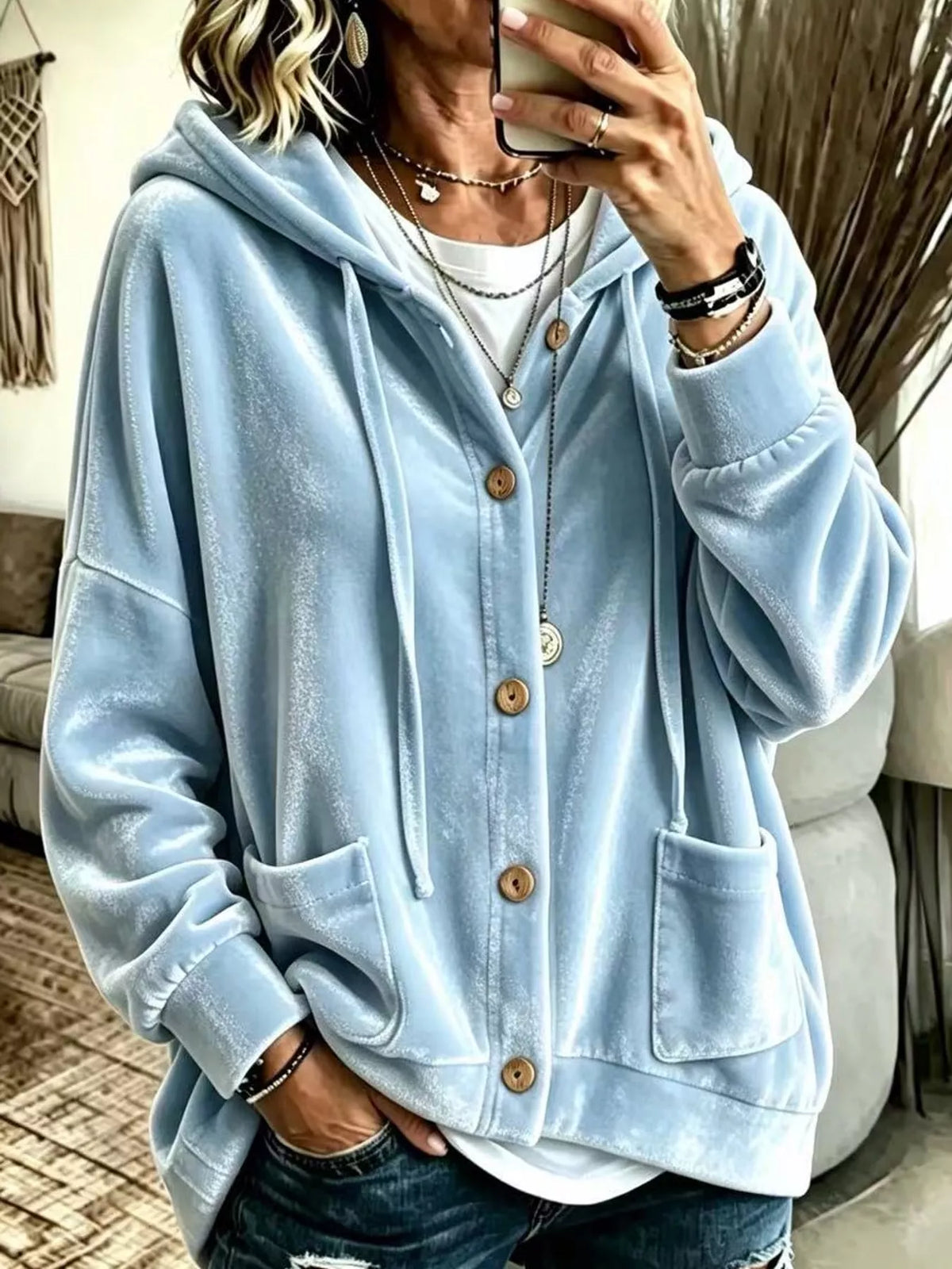 Light blue velvet dropped shoulder hoodie, front view