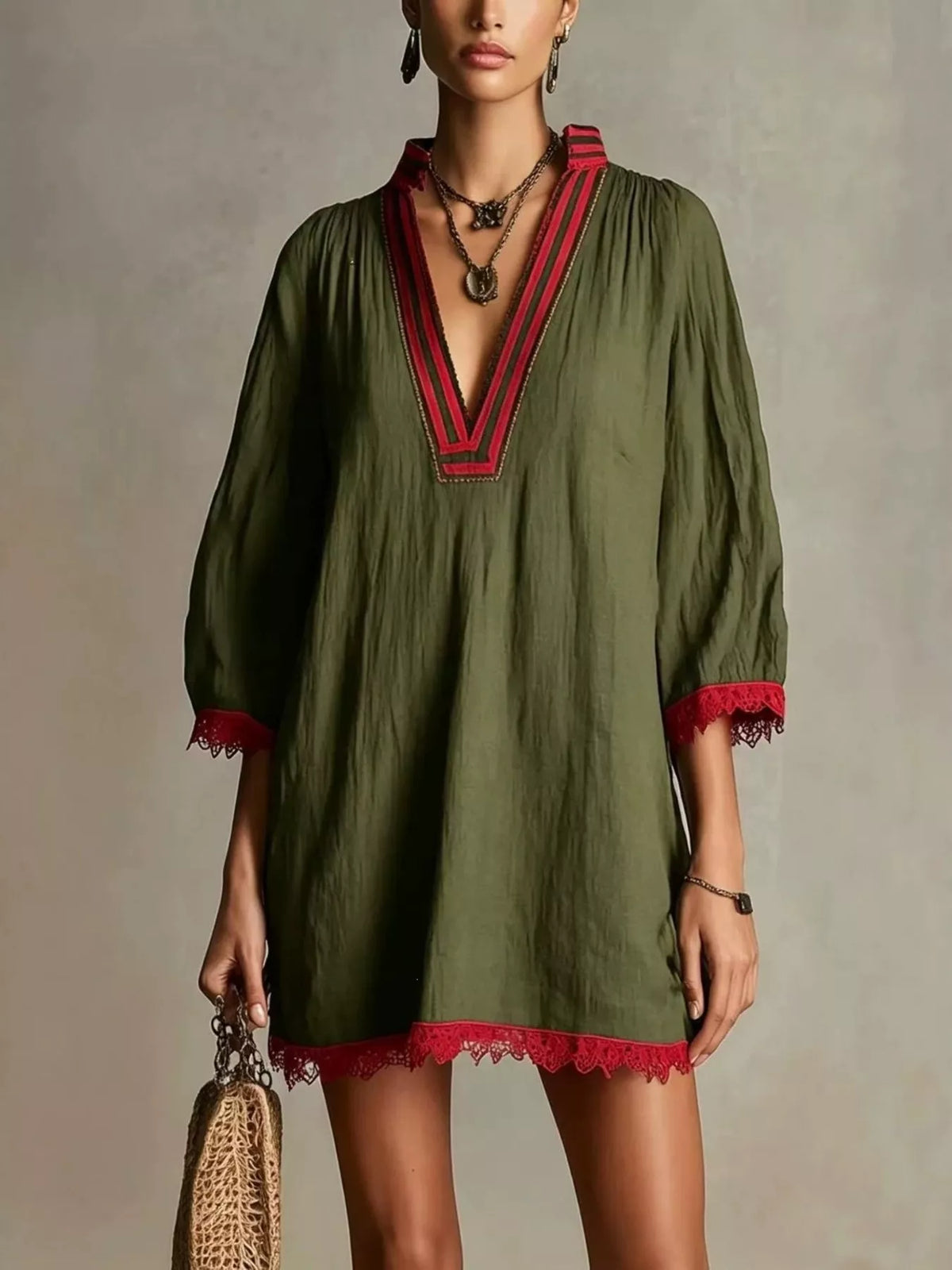 Army Green Lace-Trim Notched Long Sleeve Mini Dress front view