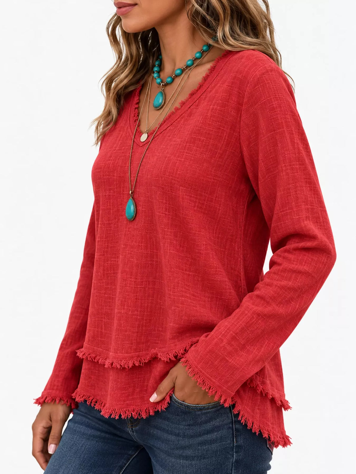 Frayed V-neck blouse, red side