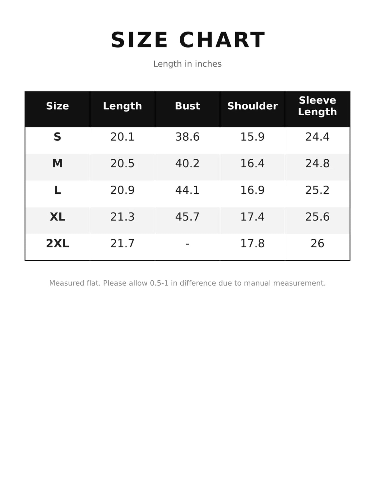 Size chart for zip up long sleeve jacket