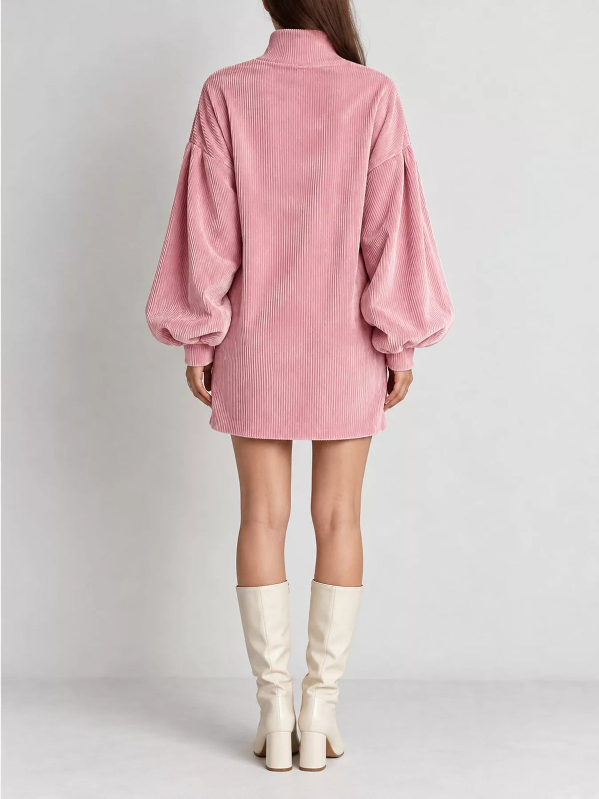 Pink corduroy mock neck lantern sleeve mini dress, back view