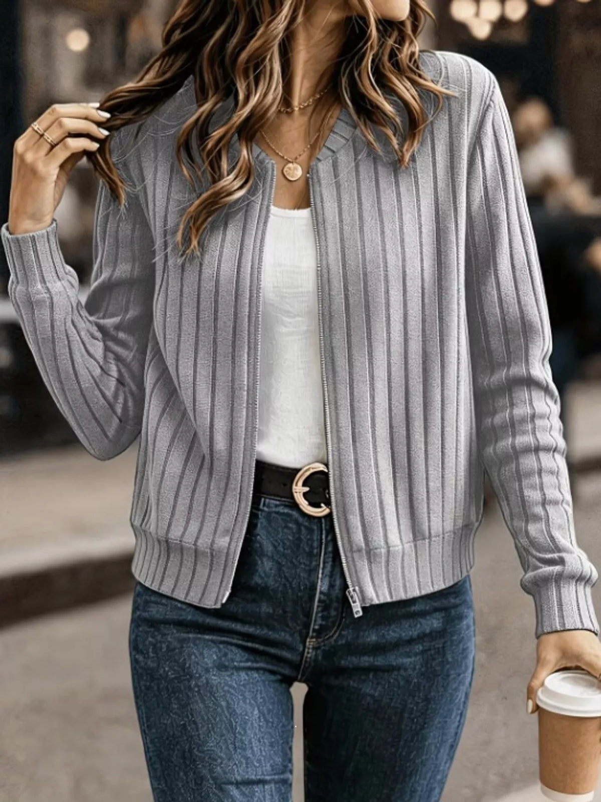 Ribbed Knit Zip-Up Bomber Jacket — front view