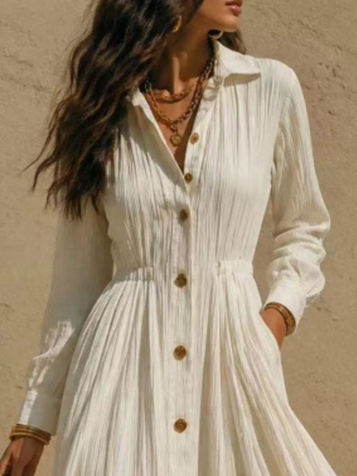 Beige button-down textured maxi shirt dress