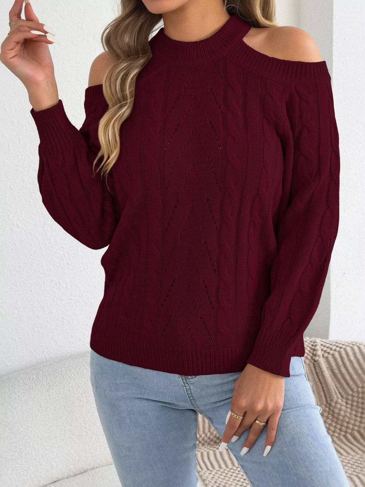 Cold Shoulder Cable Knit Sweater in burgundy, front view
