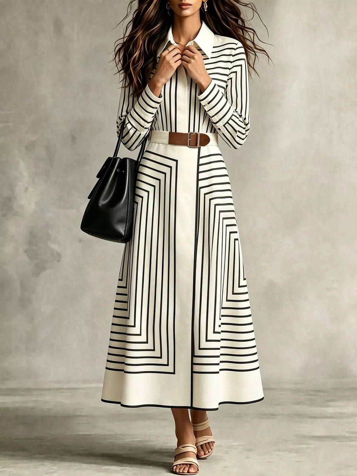 Geometric shirt dress, black and white front