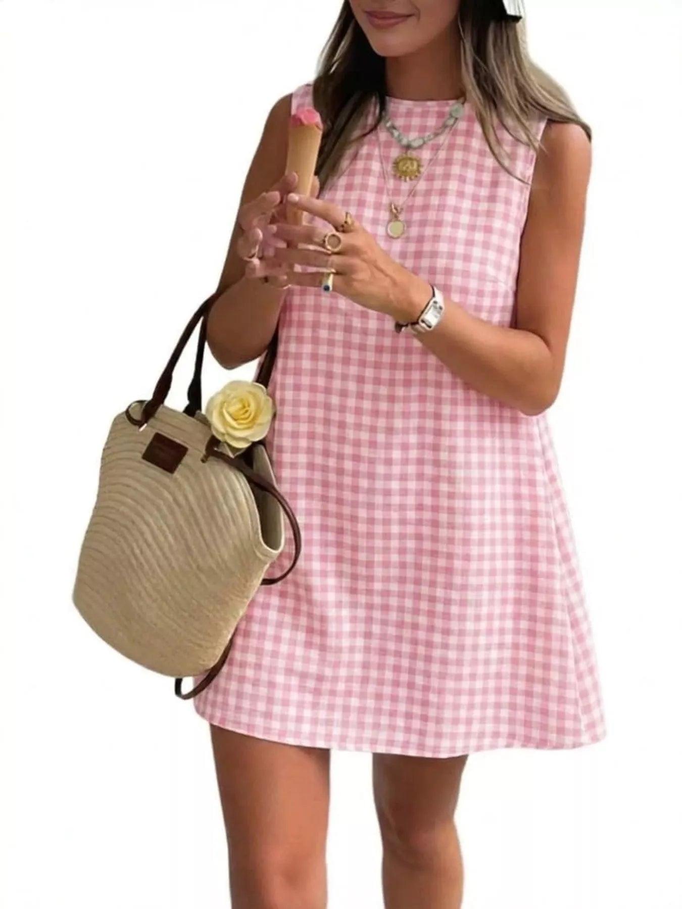 Trendsi Gingham Sleeveless A-Line Mini Dress -