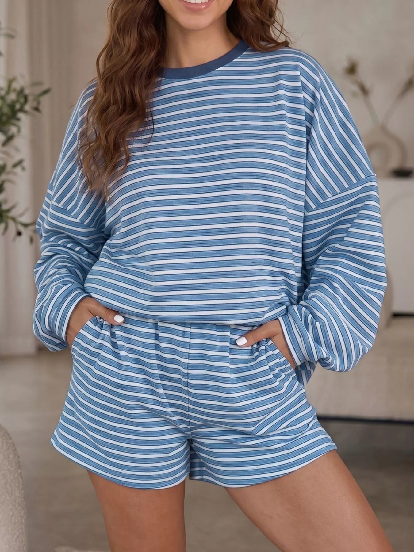 Trendsi Striped Long Sleeve Top and Shorts Set -