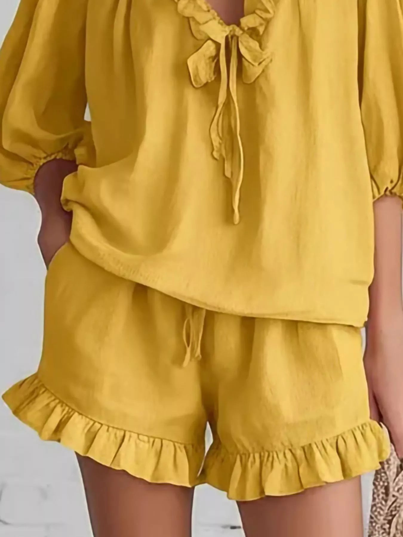 Trendsi Ruffled V-Neck Blouse and Shorts Set -