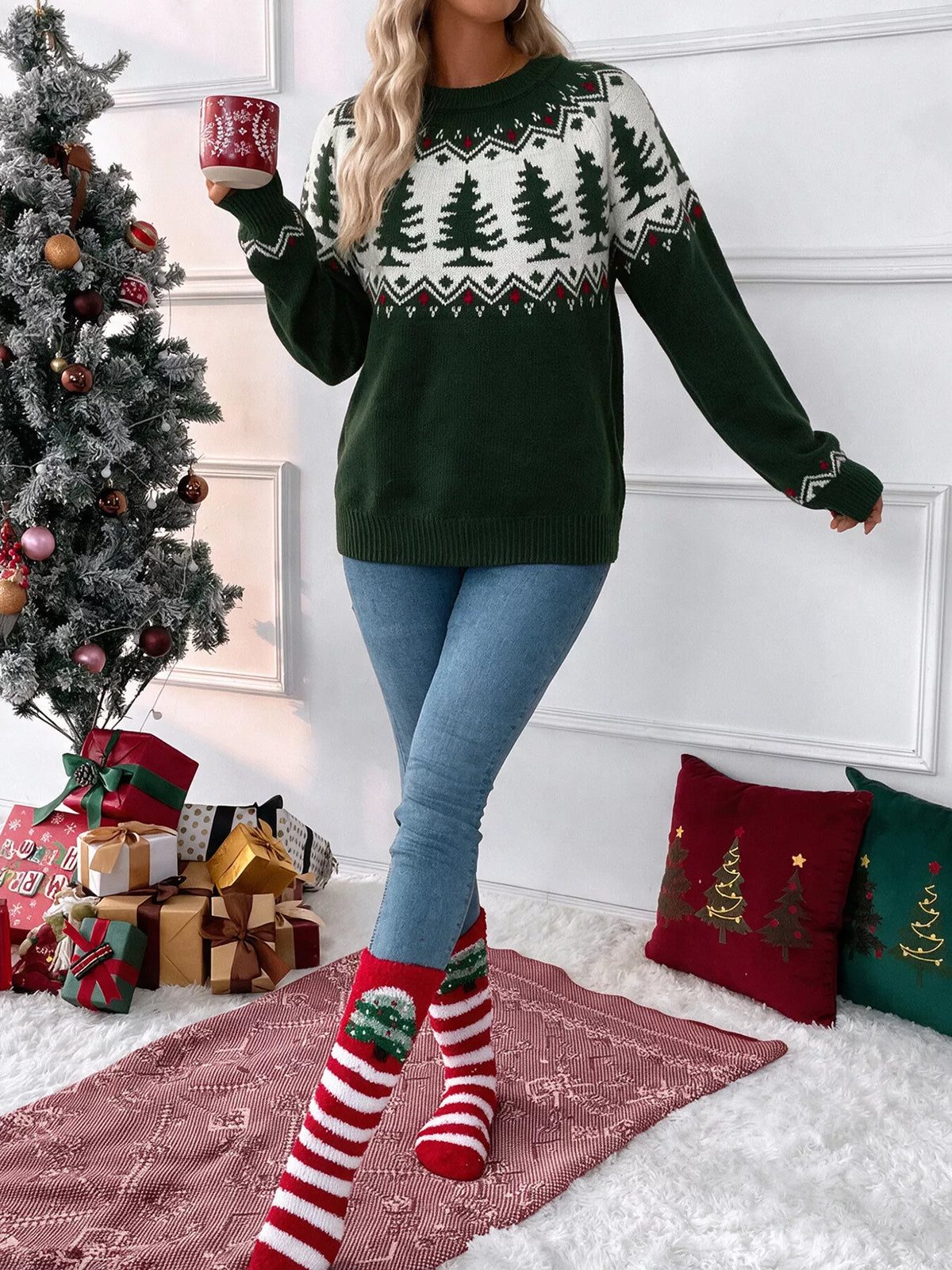 Dark green Christmas tree sweater, full front view