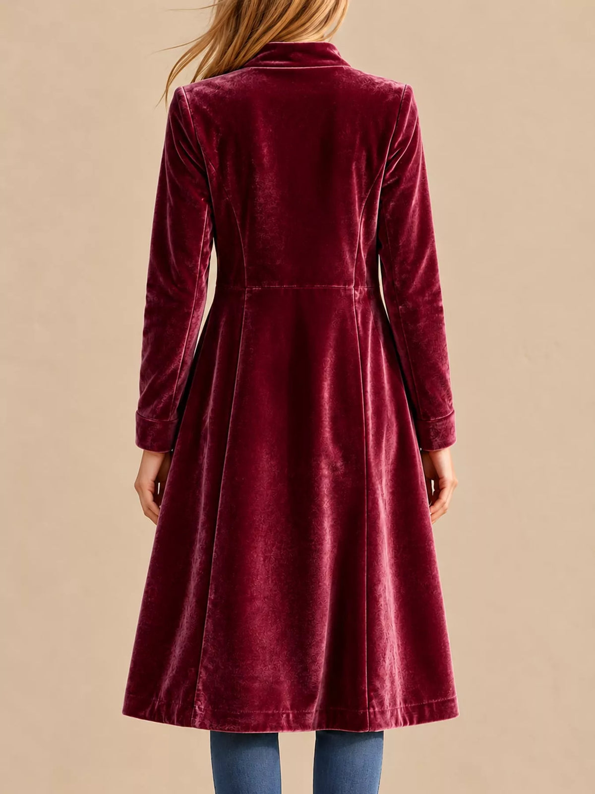 Burgundy velvet zip-up longline jacket, back view