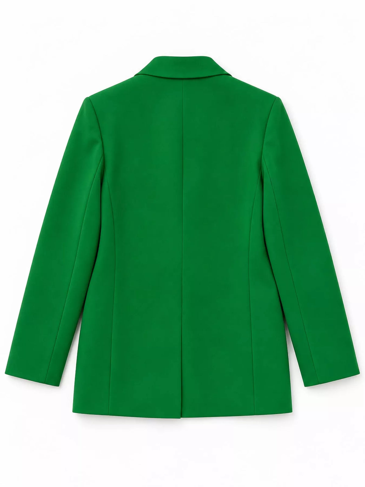 Green double-breasted lapel collar blazer, back view