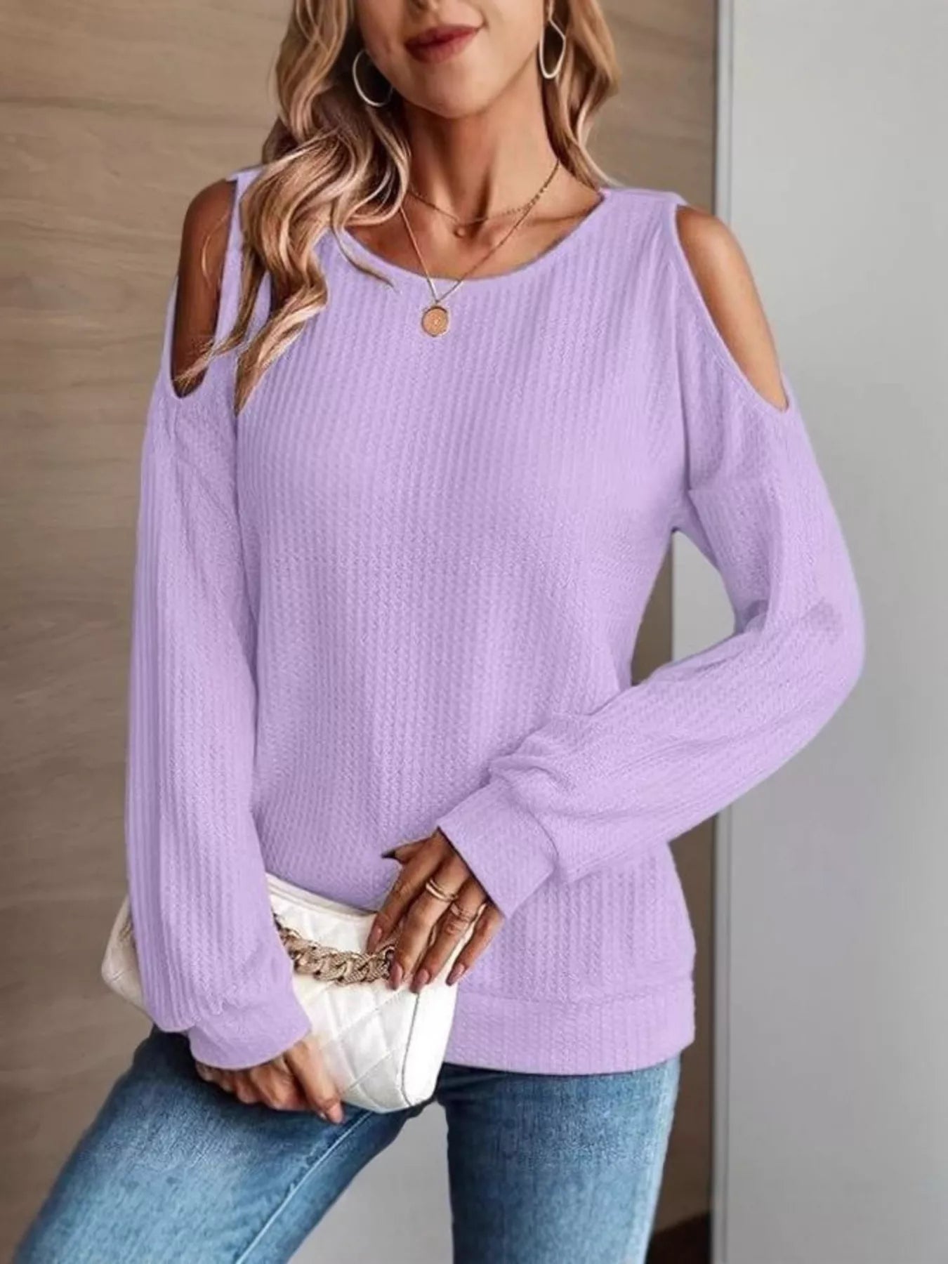 Trendsi Solid Color Cold Shoulder Long Sleeve T-Shirt -