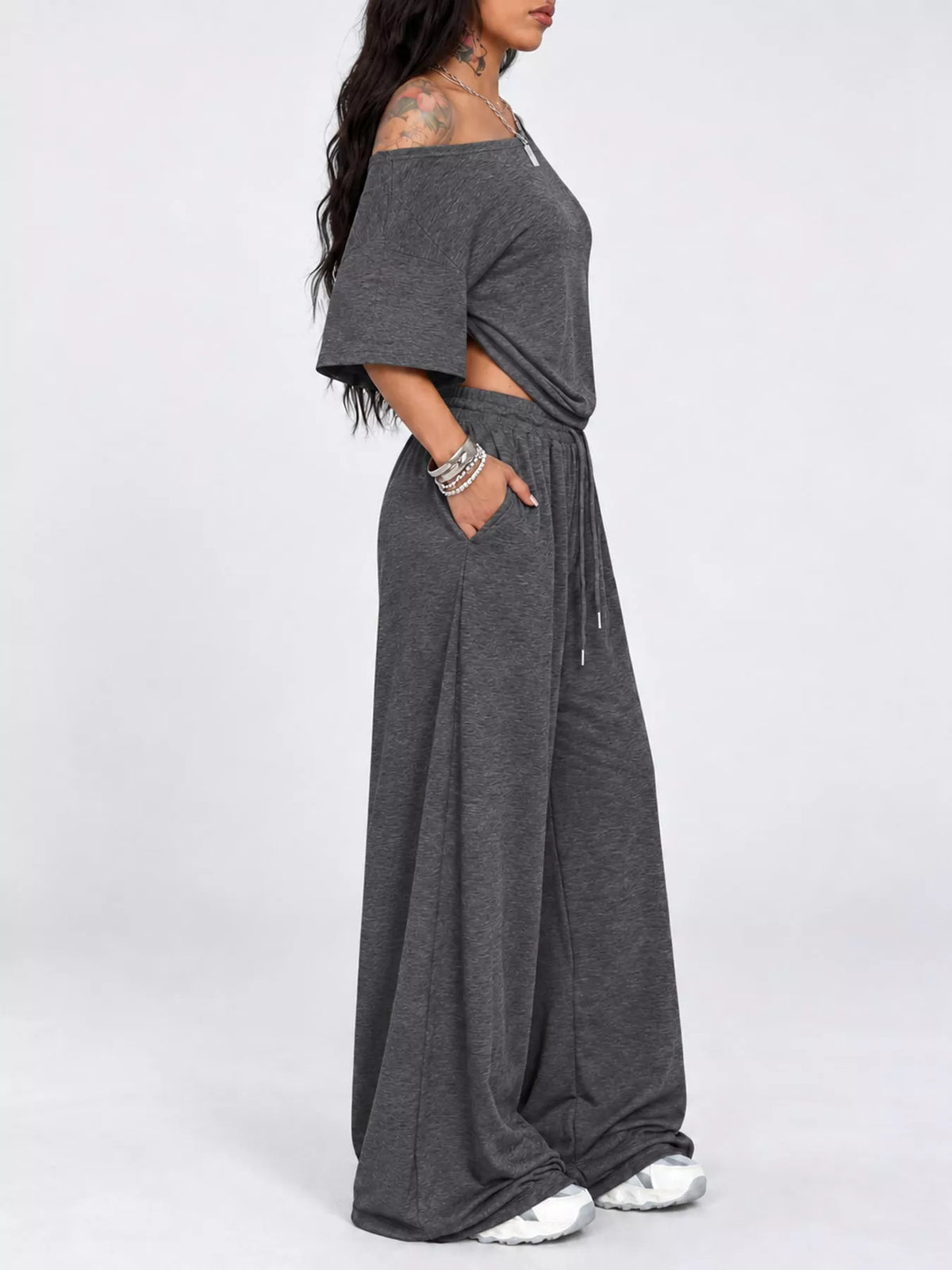 Dark gray boat neck top and wide-leg pants set — side view